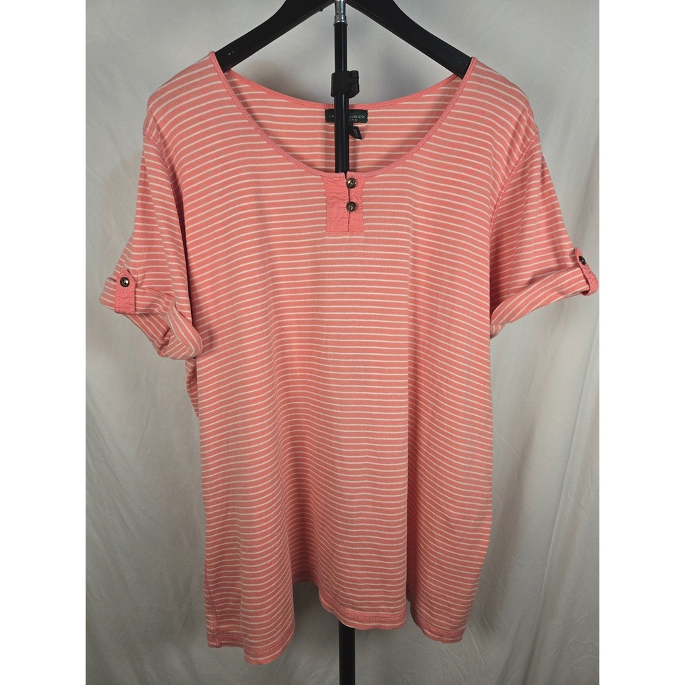 Lauren Ralph Lauren Sz 3X Coral Pink White Stripe Henley Top 100% Cotton
